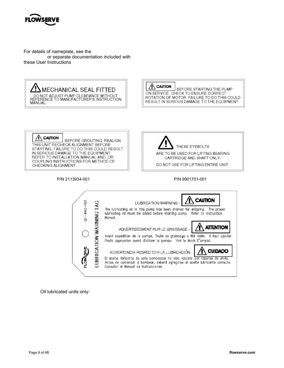 7 nameplate and warning labels | Flowserve MARK 3 GROUP 4 User Manual | Page 9 / 48