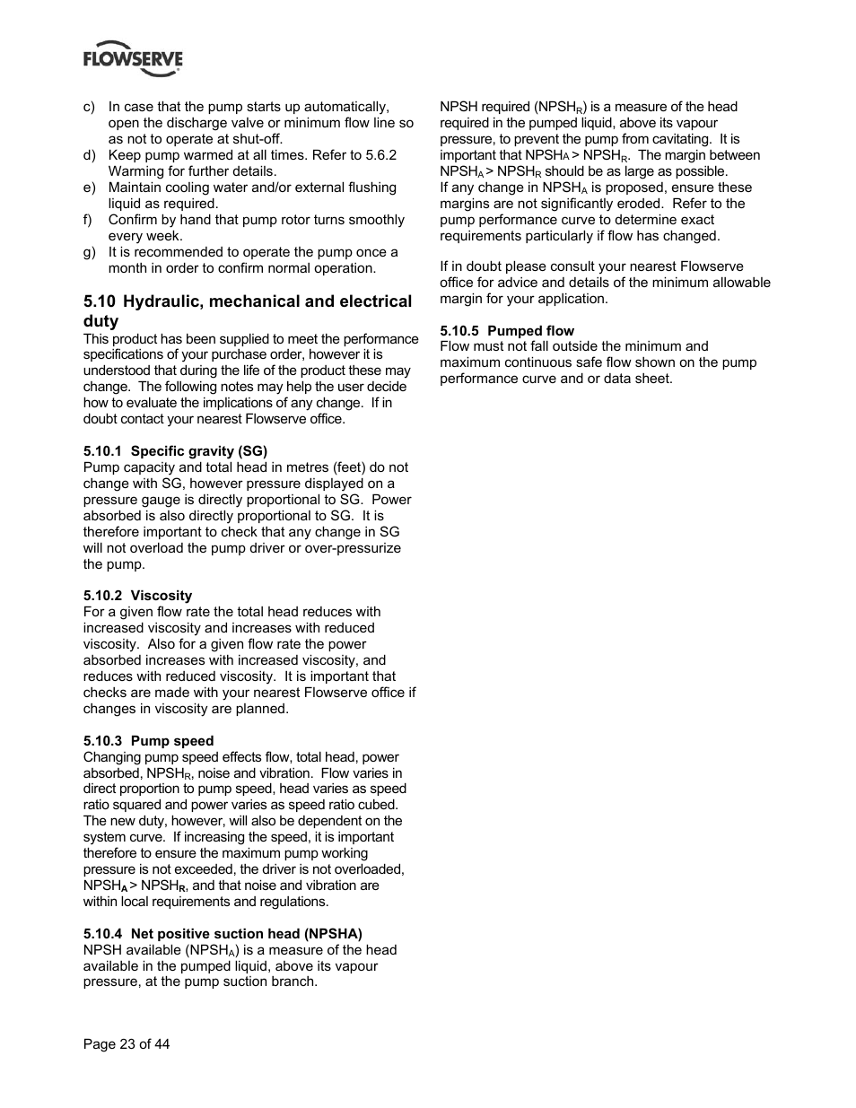 10 hydraulic, mechanical and electrical duty | Flowserve BP User Manual | Page 23 / 44