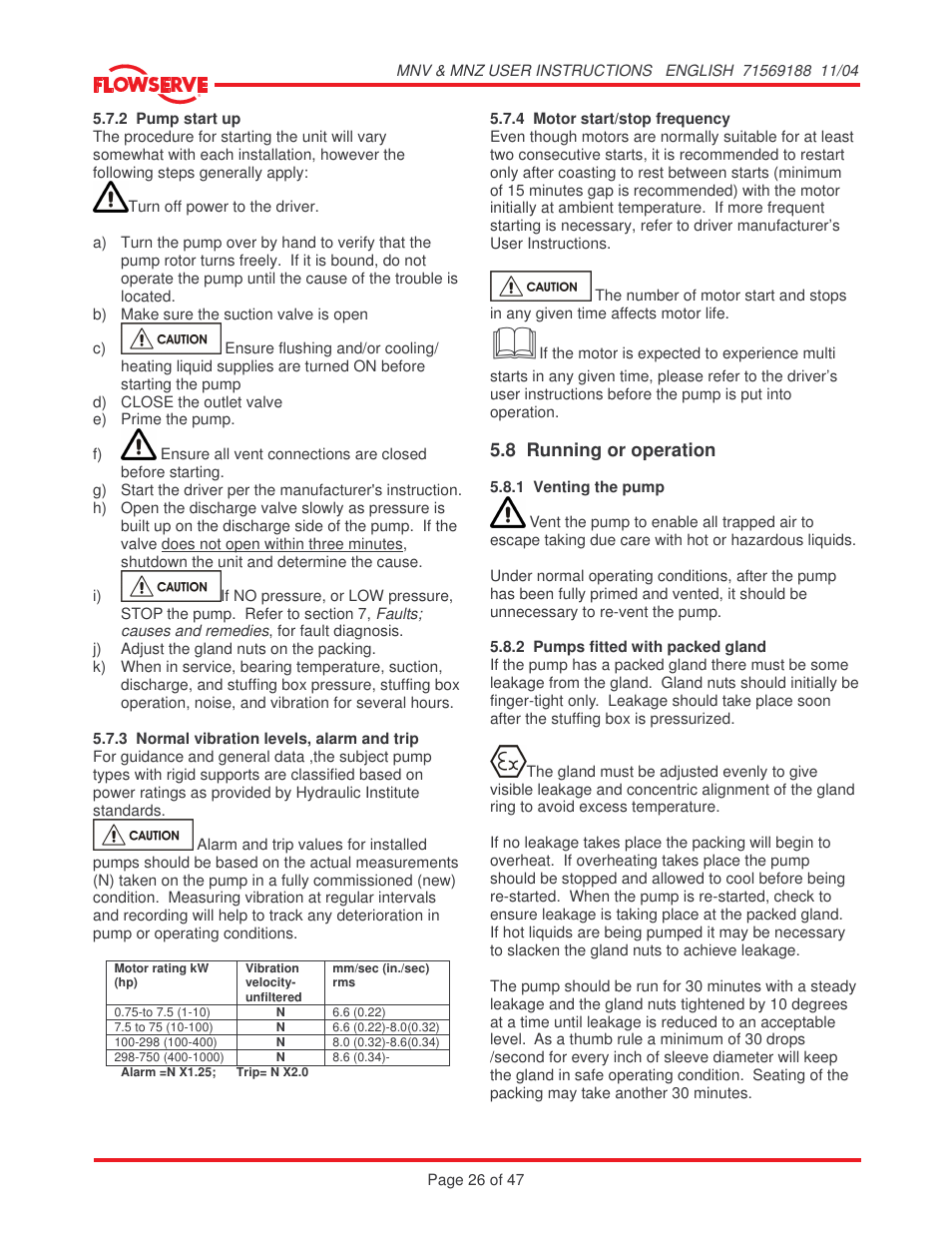 8 running or operation | Flowserve MNV User Manual | Page 26 / 47