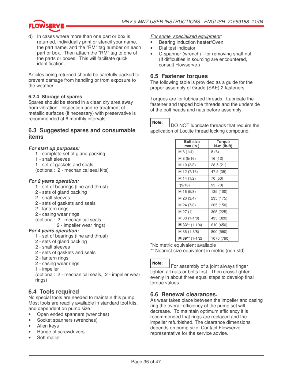 3 suggested spares and consumable items, 4 tools required, 5 fastener torques | 6 renewal clearances | Flowserve MNV User Manual | Page 36 / 47