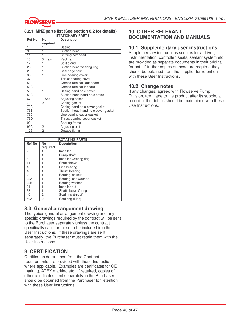 3 general arrangement drawing, 9 certification, 10 other relevant documentation and manuals | 1 supplementary user instructions | Flowserve MNV User Manual | Page 46 / 47