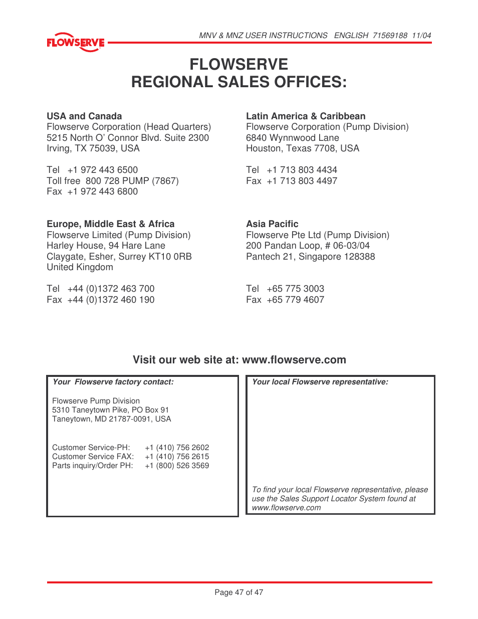 Flowserve regional sales offices | Flowserve MNV User Manual | Page 47 / 47