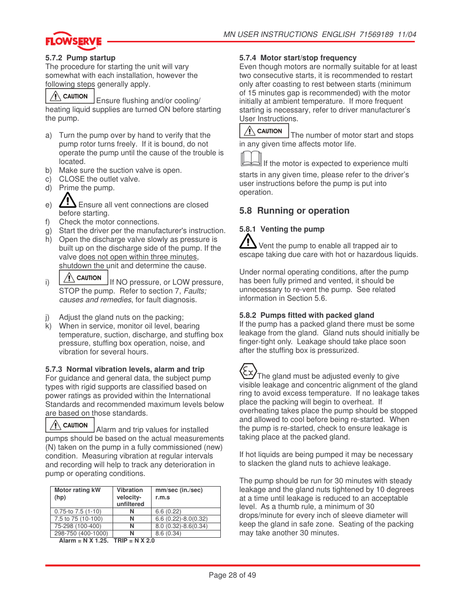8 running or operation | Flowserve MN User Manual | Page 28 / 49