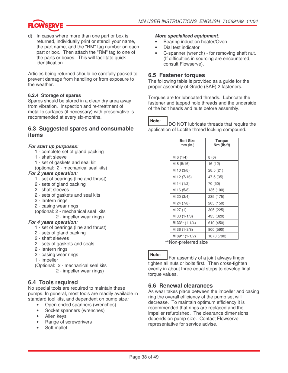 3 suggested spares and consumable items, 4 tools required, 5 fastener torques | 6 renewal clearances | Flowserve MN User Manual | Page 38 / 49