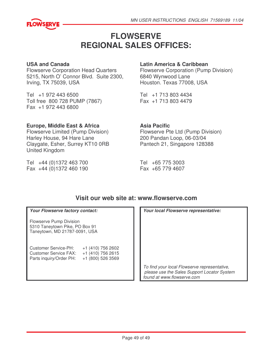 Flowserve regional sales offices | Flowserve MN User Manual | Page 49 / 49