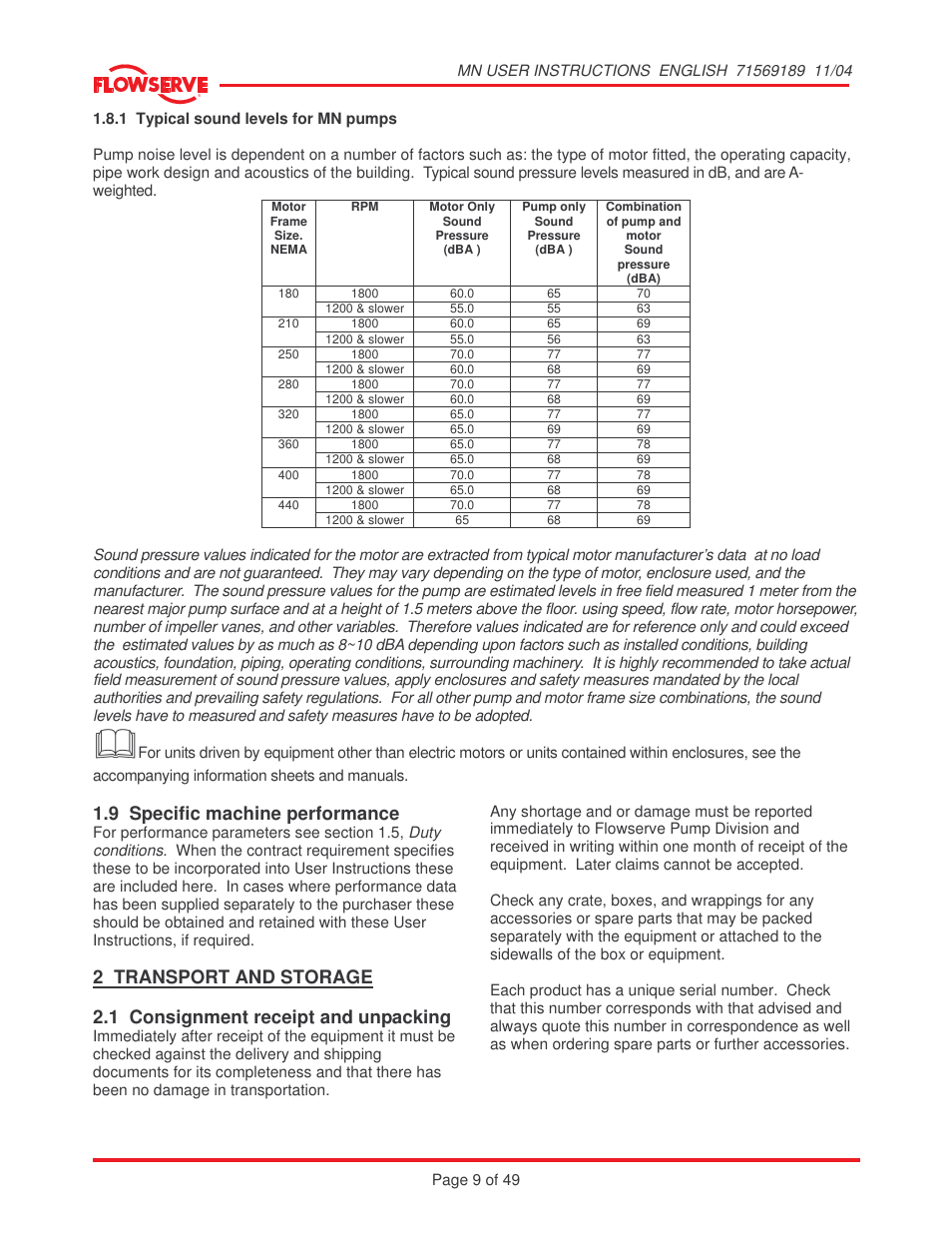 9 specific machine performance, 2 transport and storage, 1 consignment receipt and unpacking | Flowserve MN User Manual | Page 9 / 49