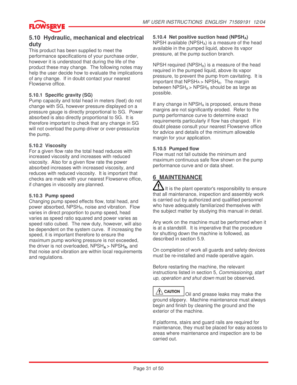 10 hydraulic, mechanical and electrical duty, 6 maintenance | Flowserve MF User Manual | Page 31 / 50