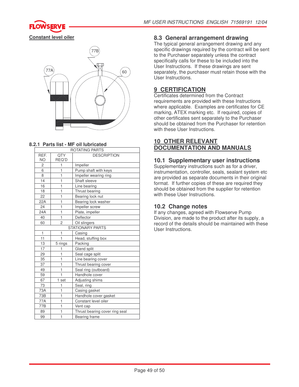 3 general arrangement drawing, 9 certification, 10 other relevant documentation and manuals | 1 supplementary user instructions | Flowserve MF User Manual | Page 49 / 50