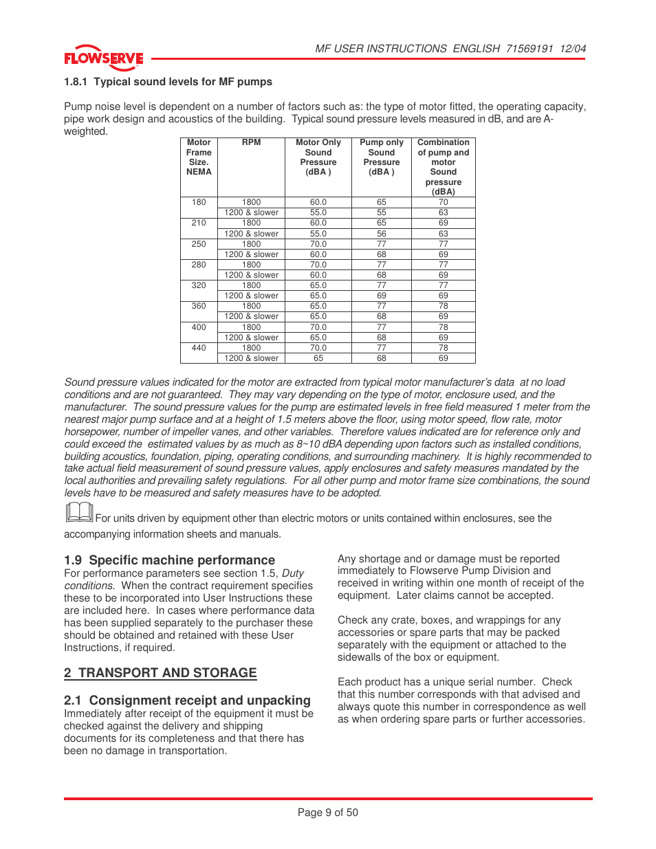 9 specific machine performance, 2 transport and storage, 1 consignment receipt and unpacking | Flowserve MF User Manual | Page 9 / 50