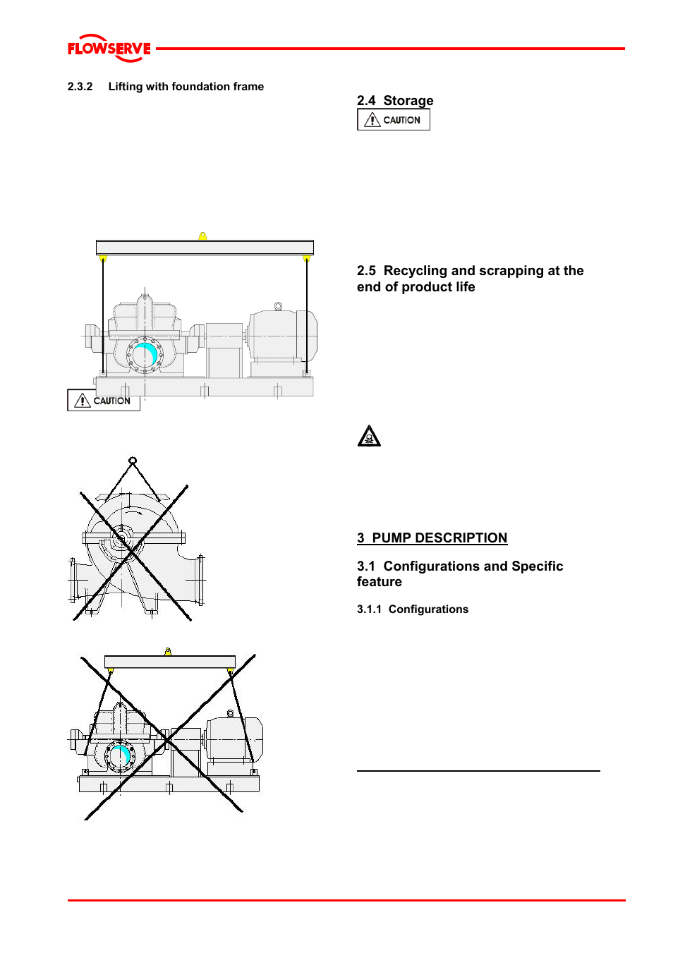 2 lifting with foundation frame, 4 storage, 3 pump description | 1 configurations and specific feature, 1 configurations, 5 recycling and scrapping at the end of product, Life | Flowserve LNGT User Manual | Page 12 / 48