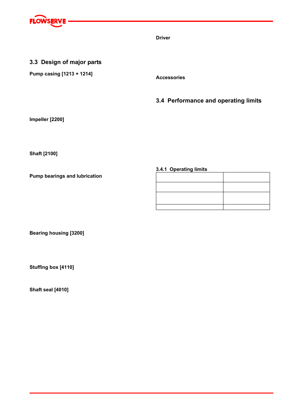 3 design of major parts, Pump casing [1213 + 1214, Impeller [2200 | Shaft [2100, Pump bearings and lubrication, Bearing housing [3200, Stuffing box [4110, Shaft seal [4010, Driver, Accessories | Flowserve LNGT User Manual | Page 14 / 48