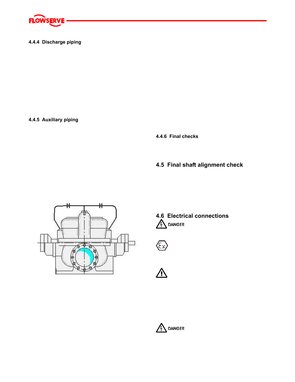 4 discharge piping, 5 auxiliary piping, 1 drains | 2 pumps fitted with packed gland, 3 pumps fitted with mechanical seals, 6 final checks, 5 final shaft alignment check, 6 electrical connections | Flowserve LNGT User Manual | Page 23 / 48