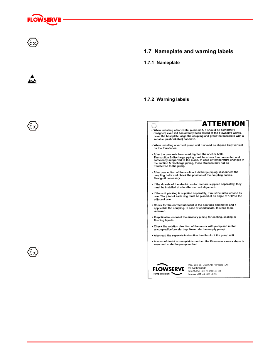 4 preventing sparks, 5 preventing leakage, 6 maintenance to avoid the hazard | 7 nameplate and warning labels, 1 nameplate, 2 warning labels | Flowserve LNGT User Manual | Page 8 / 48