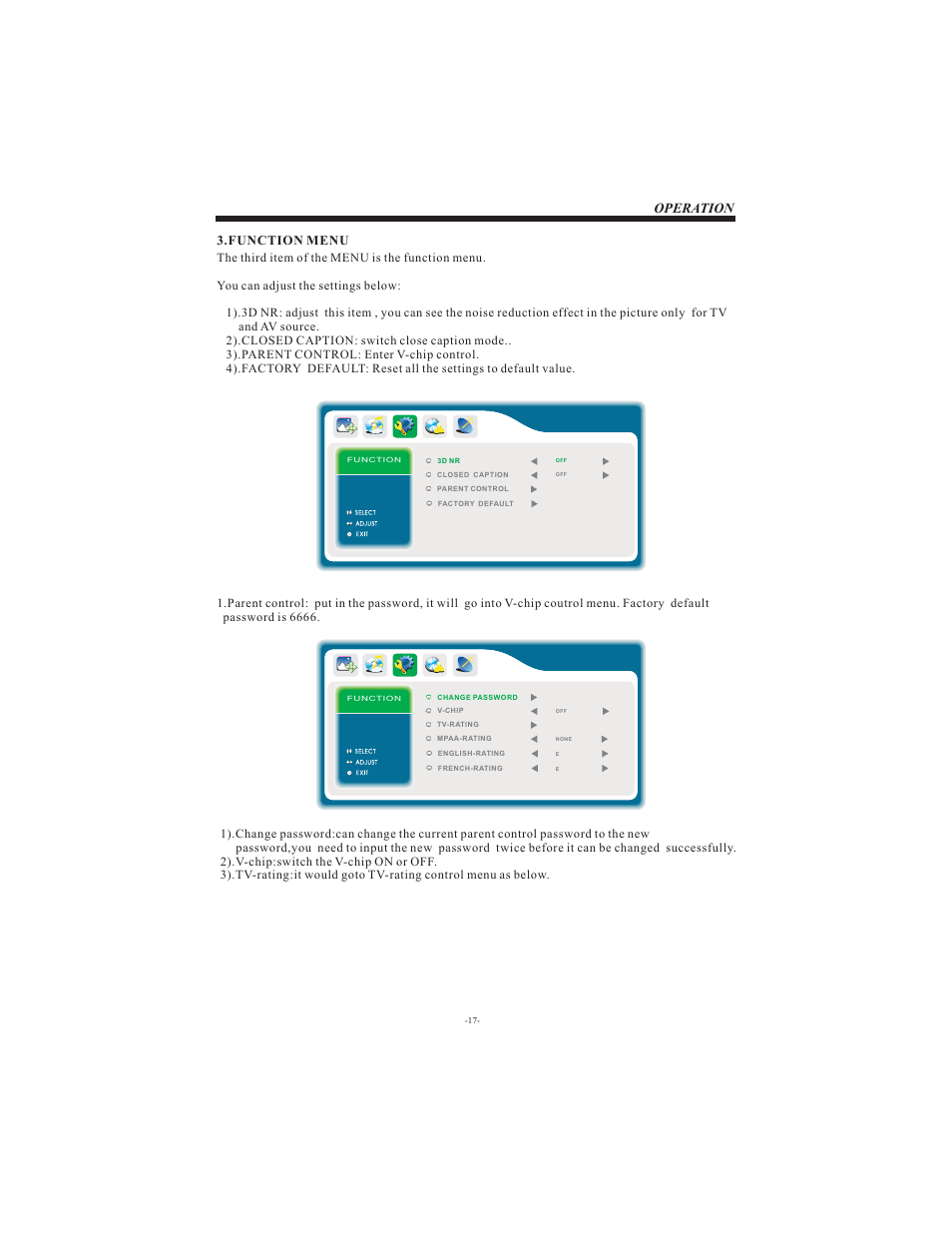 Operation, Function menu | Curtis LCD1911 User Manual | Page 18 / 24