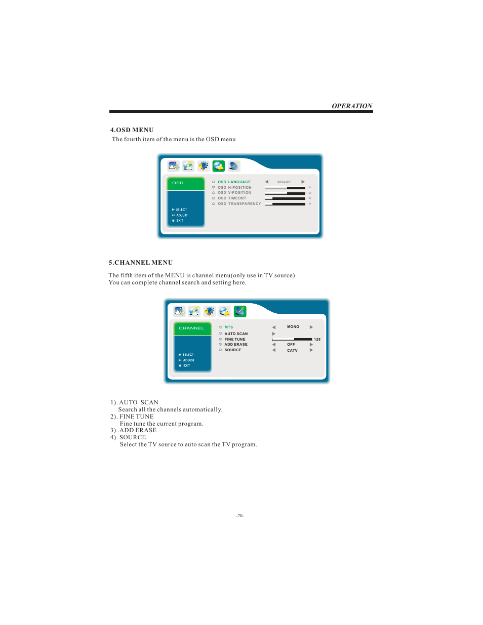 Operation, Channel menu, Osd menu | Curtis LCD1911 User Manual | Page 21 / 24