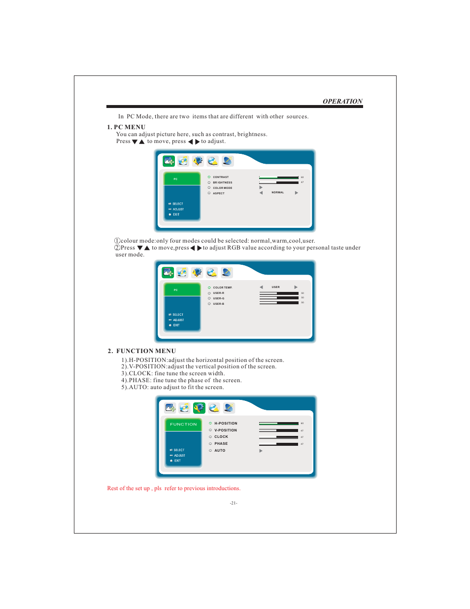 Operation, Pc menu, Function menu | Curtis LCD1911 User Manual | Page 22 / 24