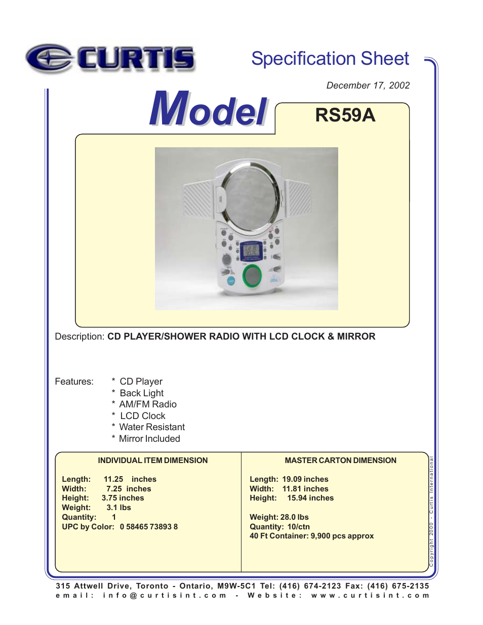 Curtis RS59A User Manual | 1 page