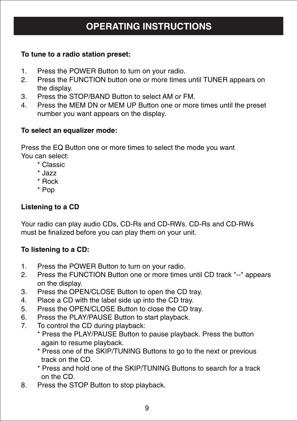 Operating instructions | Curtis IP1500UK User Manual | Page 10 / 17