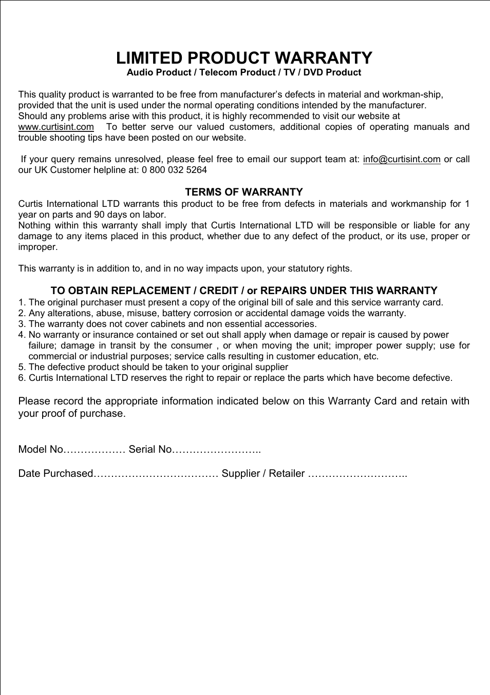 Limited product warranty | Curtis IP1500UK User Manual | Page 17 / 17