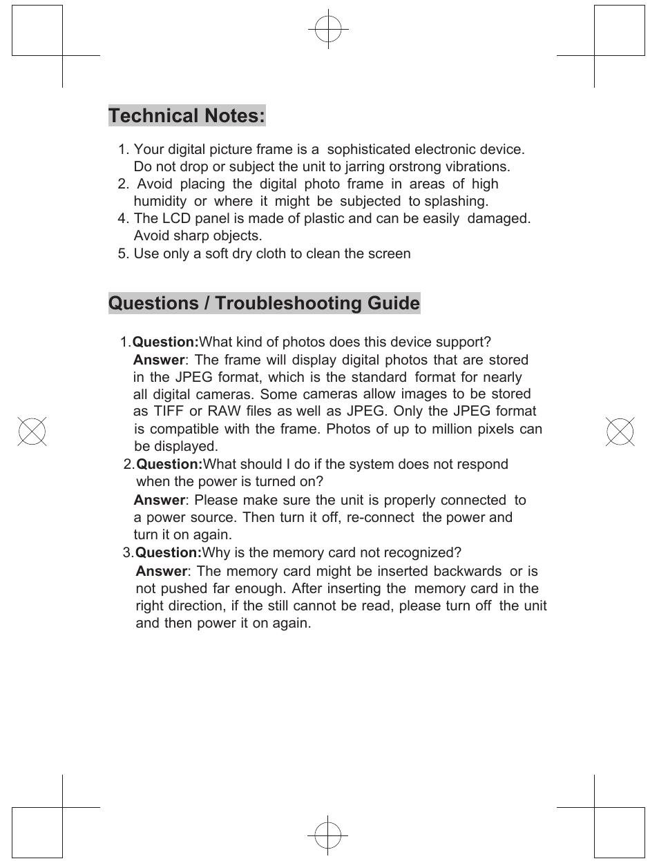 Questions / troubleshooting guide | Curtis DPF716 User Manual | Page 7 / 7