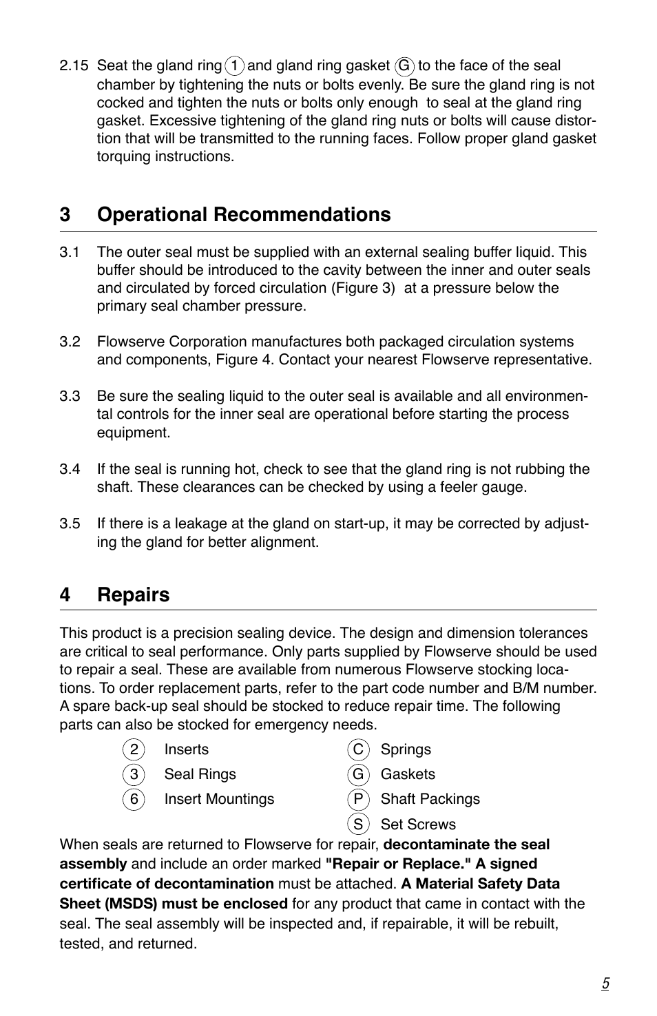 3 operational recommendations, 4 repairs | Flowserve Tandem Seal User Manual | Page 5 / 8