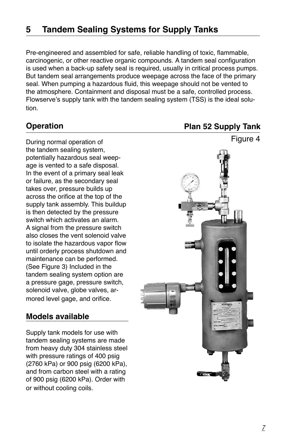 5 tandem sealing systems for supply tanks, Operation, Models available | Plan 52 supply tank figure 4 | Flowserve Tandem Seal User Manual | Page 7 / 8