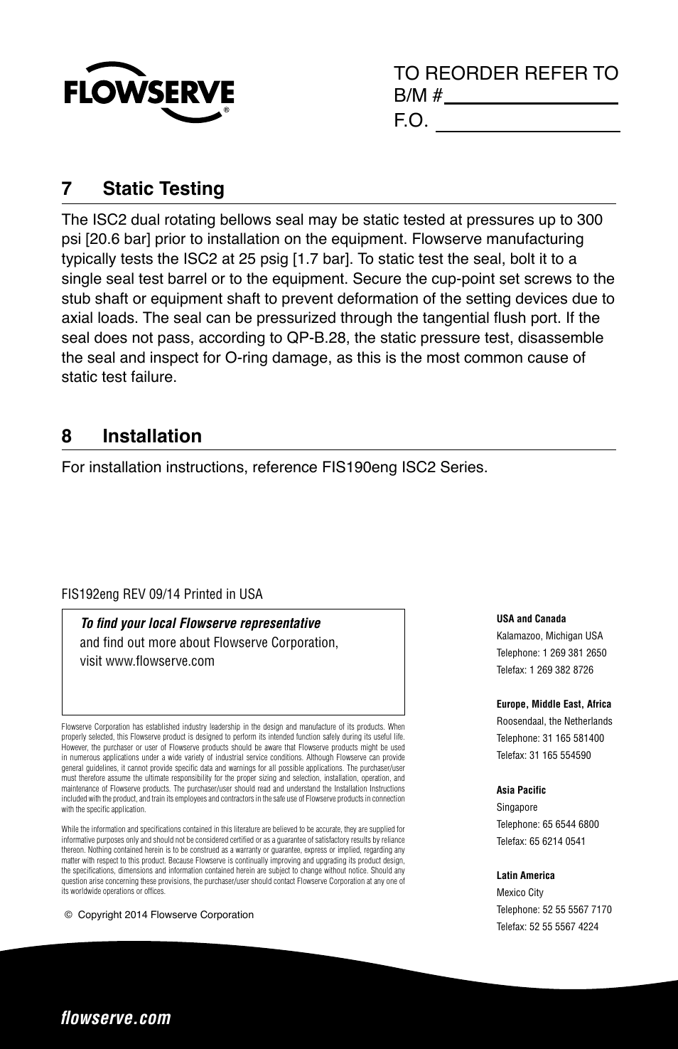 7 static testing, 8 installation | Flowserve ISC2 Dual Pusher Repair User Manual | Page 12 / 12