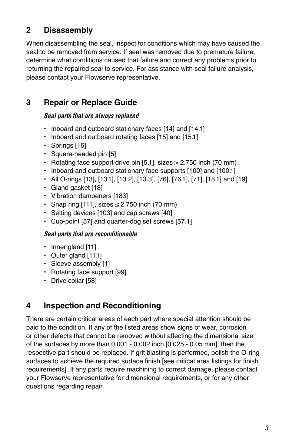 2 disassembly, 3 repair or replace guide, 4 inspection and reconditioning | Flowserve ISC2 Dual Pusher Repair User Manual | Page 3 / 12