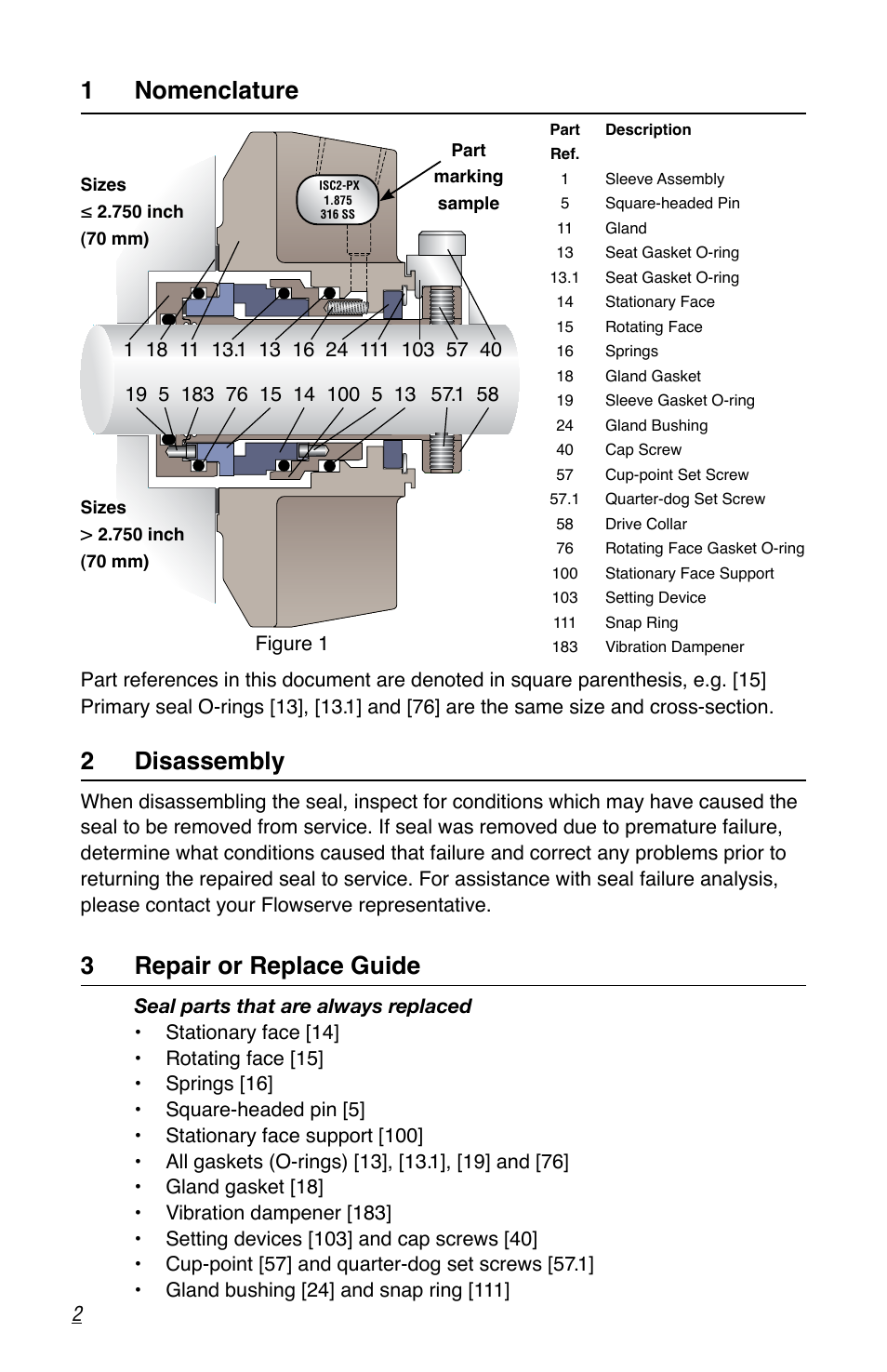 2 disassembly, 1 nomenclature, 3 repair or replace guide | Flowserve ISC2 Single Pusher Repair User Manual | Page 2 / 8