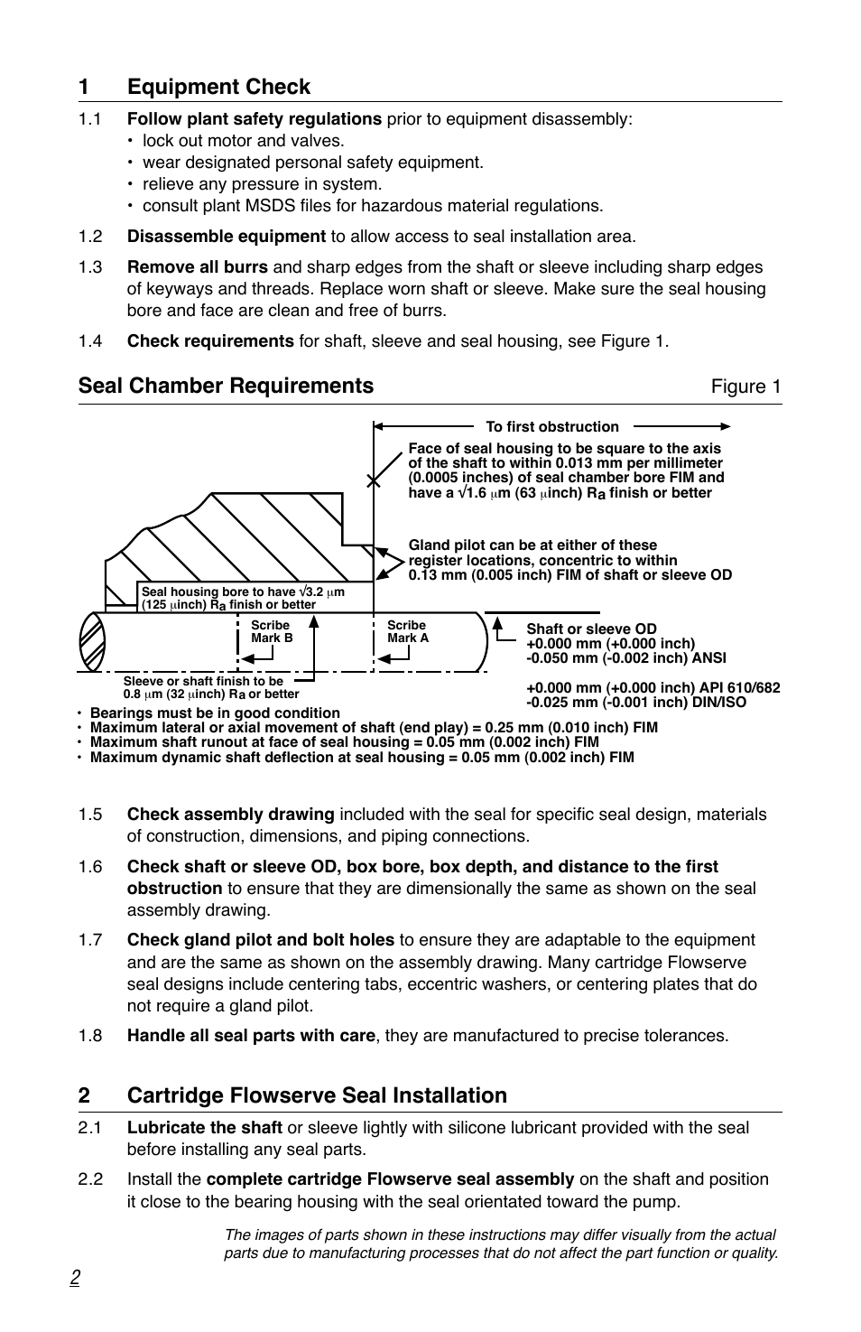 1 equipment check, Seal chamber requirements, 2 cartridge flowserve seal installation | Flowserve LS-300 Series Durametallic User Manual | Page 2 / 4