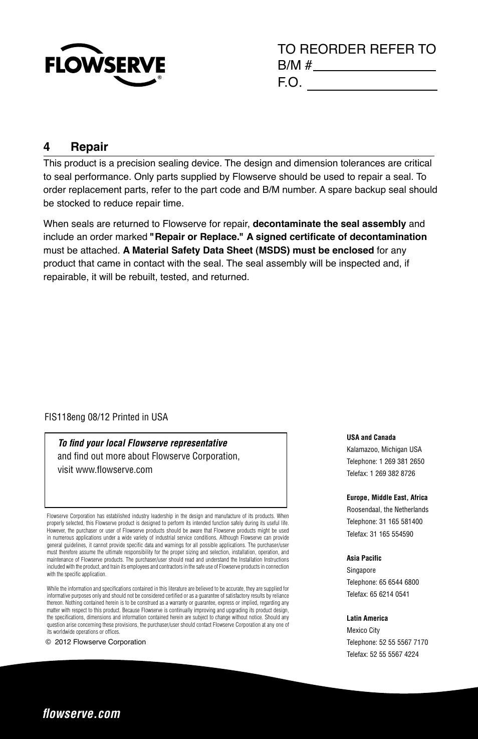 4 repair | Flowserve LS-300 Series Durametallic User Manual | Page 4 / 4