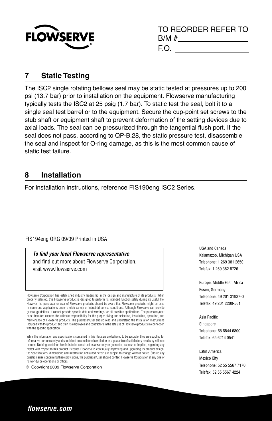 7static testing, 8installation | Flowserve ISC2
 Dual metal bellows sea User Manual | Page 12 / 12