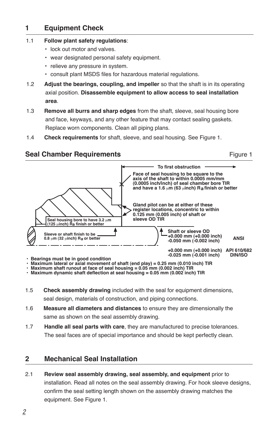 1equipment check, Seal chamber requirements, 2mechanical seal installation | Flowserve U Series BW Seals User Manual | Page 2 / 4