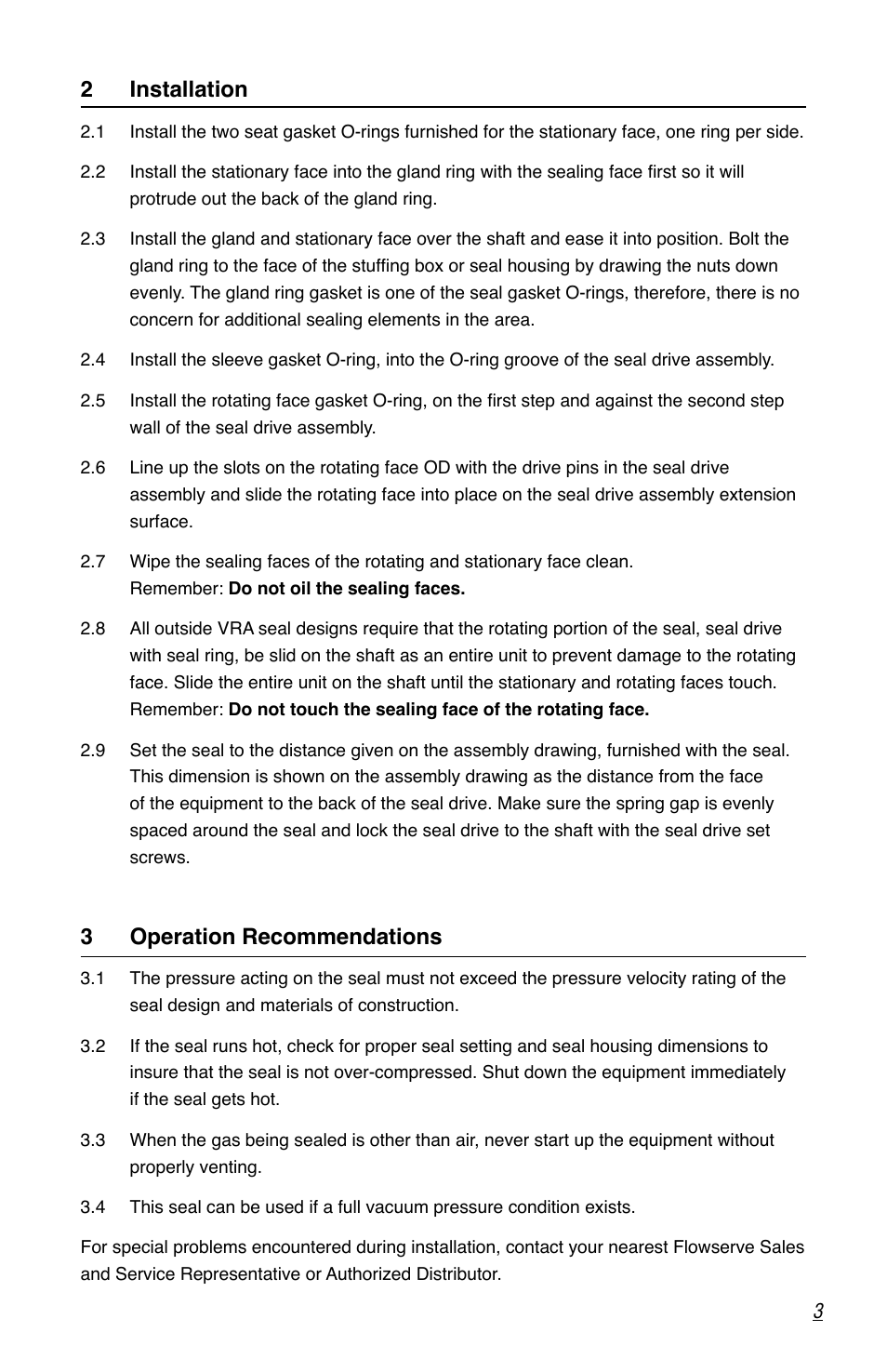 2 installation, 3 operation recommendations | Flowserve VRA Series Durametallic User Manual | Page 3 / 4