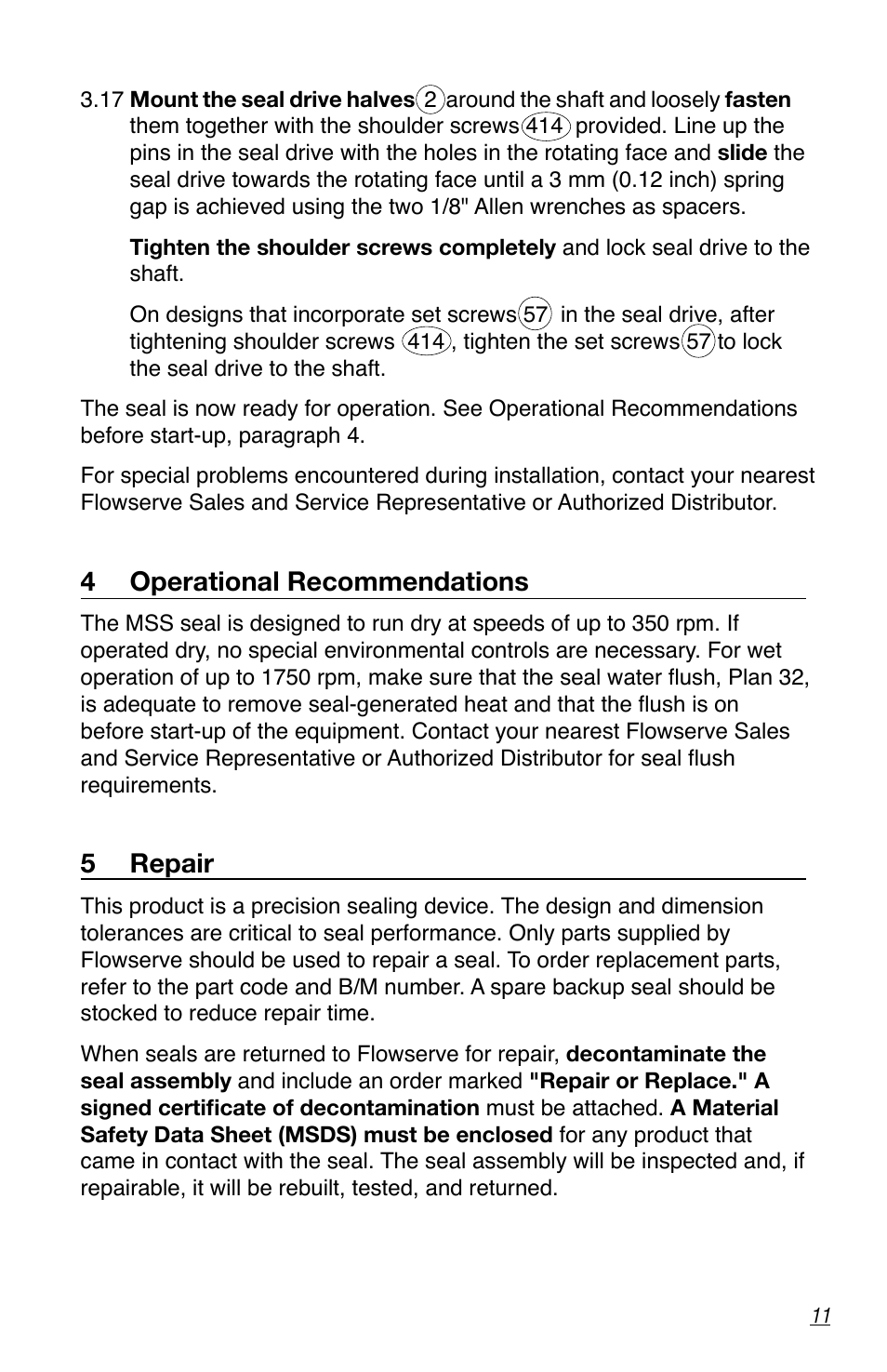 4 operational recommendations, 5 repair | Flowserve MSS Series User Manual | Page 11 / 12