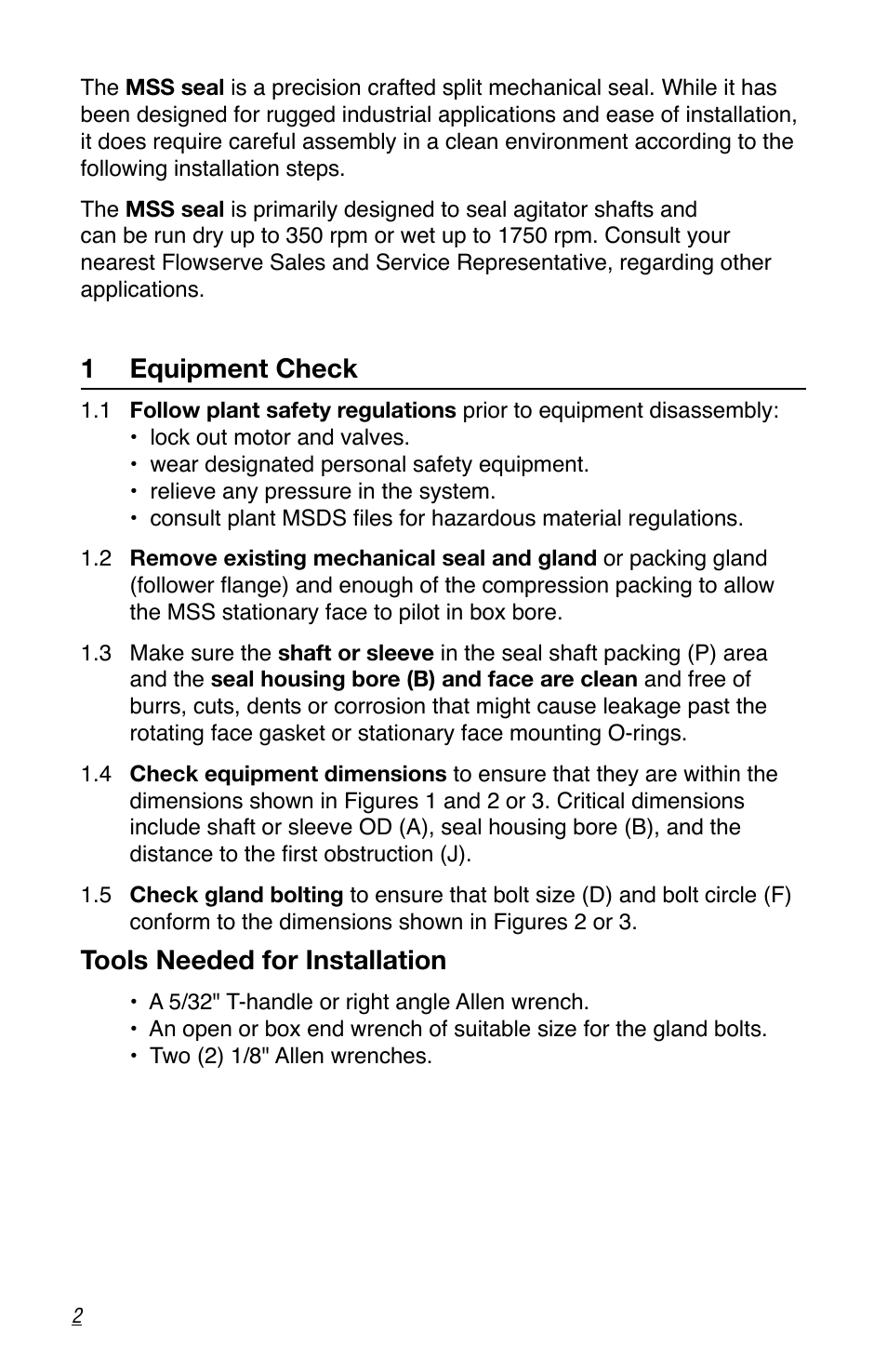 1 equipment check, Tools needed for installation | Flowserve MSS Series User Manual | Page 2 / 12