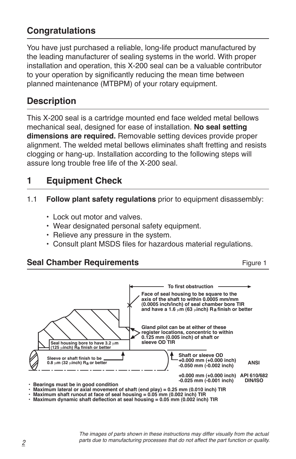 Description, 1 equipment check, Seal chamber requirements | Flowserve X-200 User Manual | Page 2 / 12