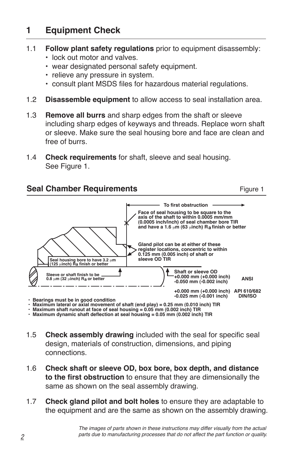 1 equipment check, Seal chamber requirements | Flowserve Single Inside Pusher Type Seal User Manual | Page 2 / 8
