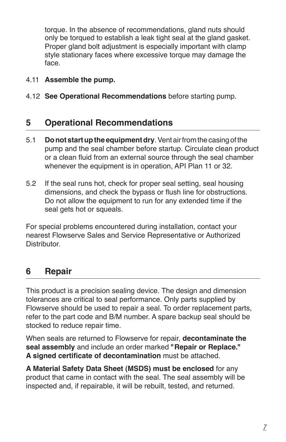 5 operational recommendations, 6 repair | Flowserve Single Inside Pusher Type Seal User Manual | Page 7 / 8