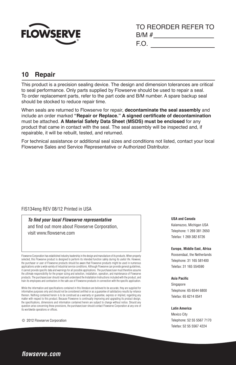 10 repair | Flowserve SLM-6000 User Manual | Page 12 / 12