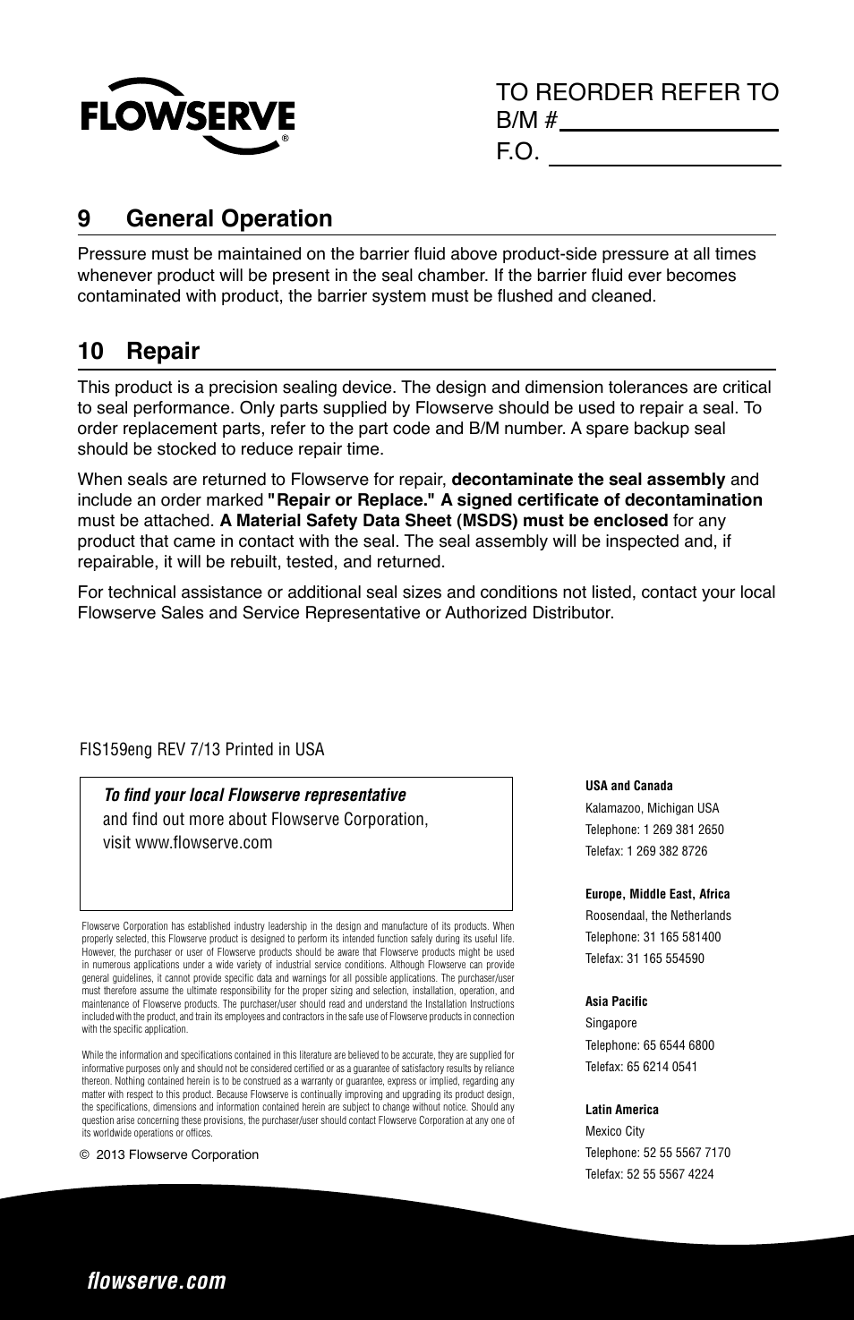 9 general operation, 10 repair | Flowserve SLM-6200 User Manual | Page 12 / 12