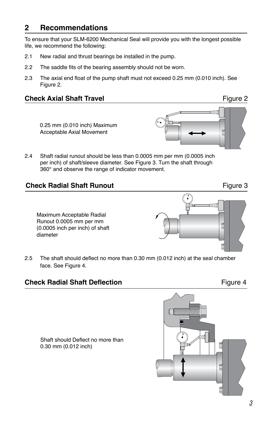 2 recommendations, Check axial shaft travel figure 2, Check radial shaft runout figure 3 | Check radial shaft deflection figure 4 | Flowserve SLM-6200 User Manual | Page 3 / 12