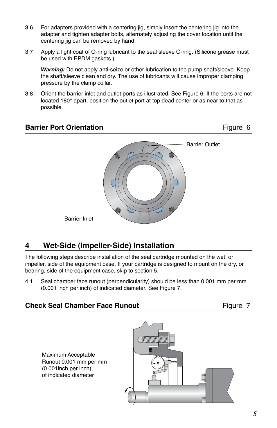 4 wet-side (impeller-side) installation, Barrier port orientation figure 6, Check seal chamber face runout figure 7 | Flowserve SLM-6200 User Manual | Page 5 / 12