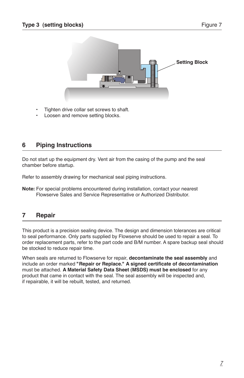 6 piping instructions, 7 repair | Flowserve Q Series BW Seals User Manual | Page 7 / 8