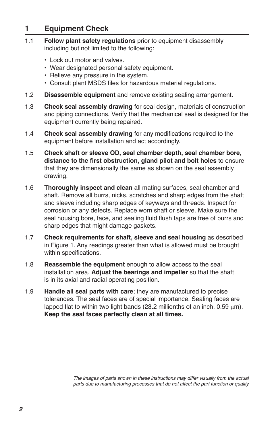 1equipment check | Flowserve High Temperature Metal Bellows Seals User Manual | Page 2 / 8