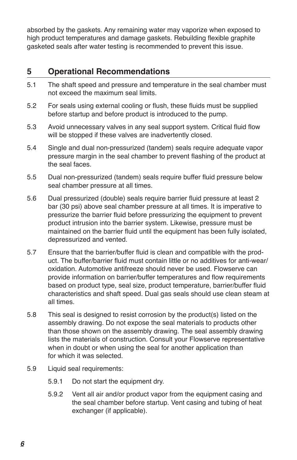 5operational recommendations | Flowserve High Temperature Metal Bellows Seals User Manual | Page 6 / 8