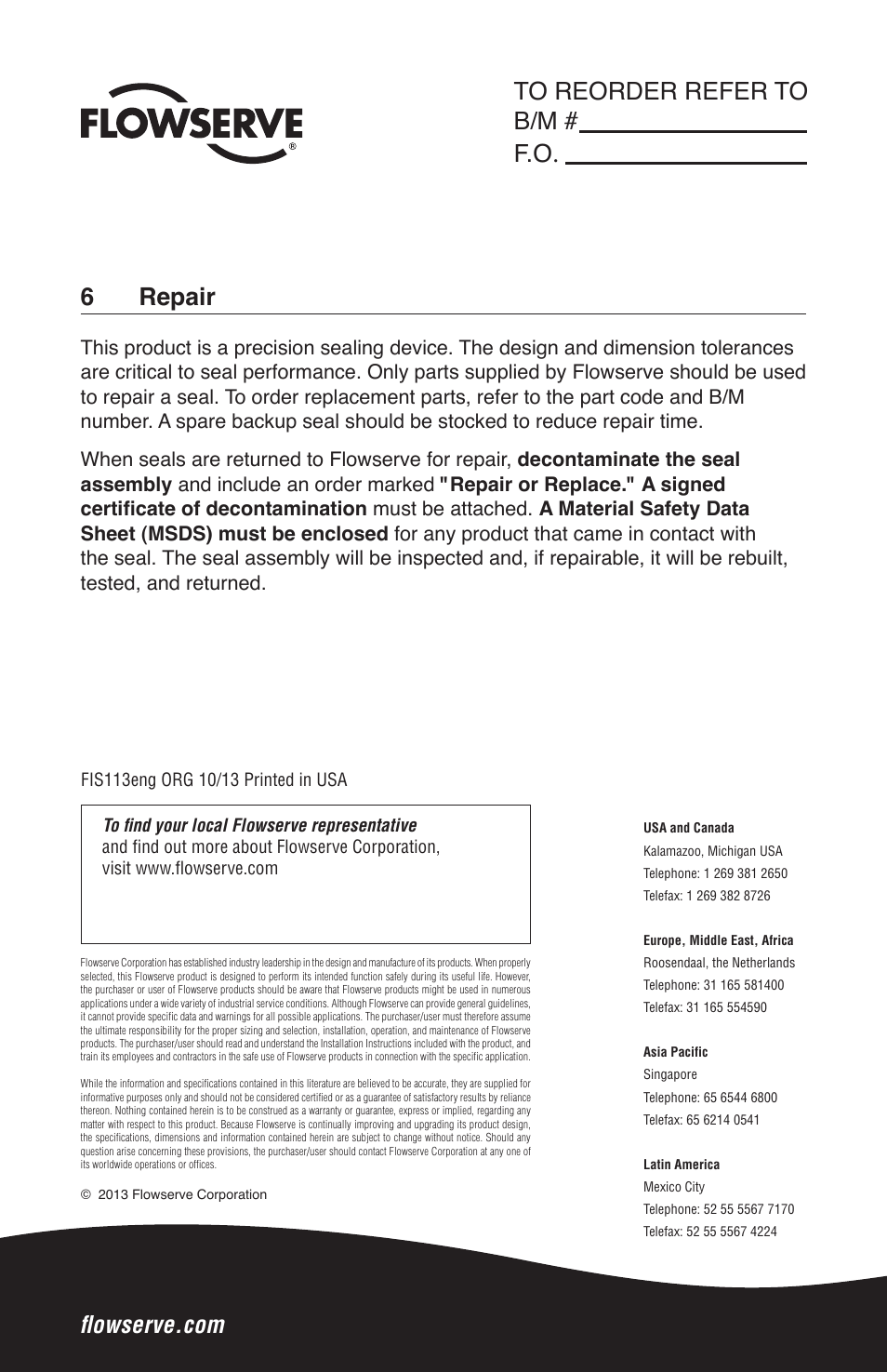6 repair | Flowserve High Temperature Metal Bellows Seals User Manual | Page 8 / 8