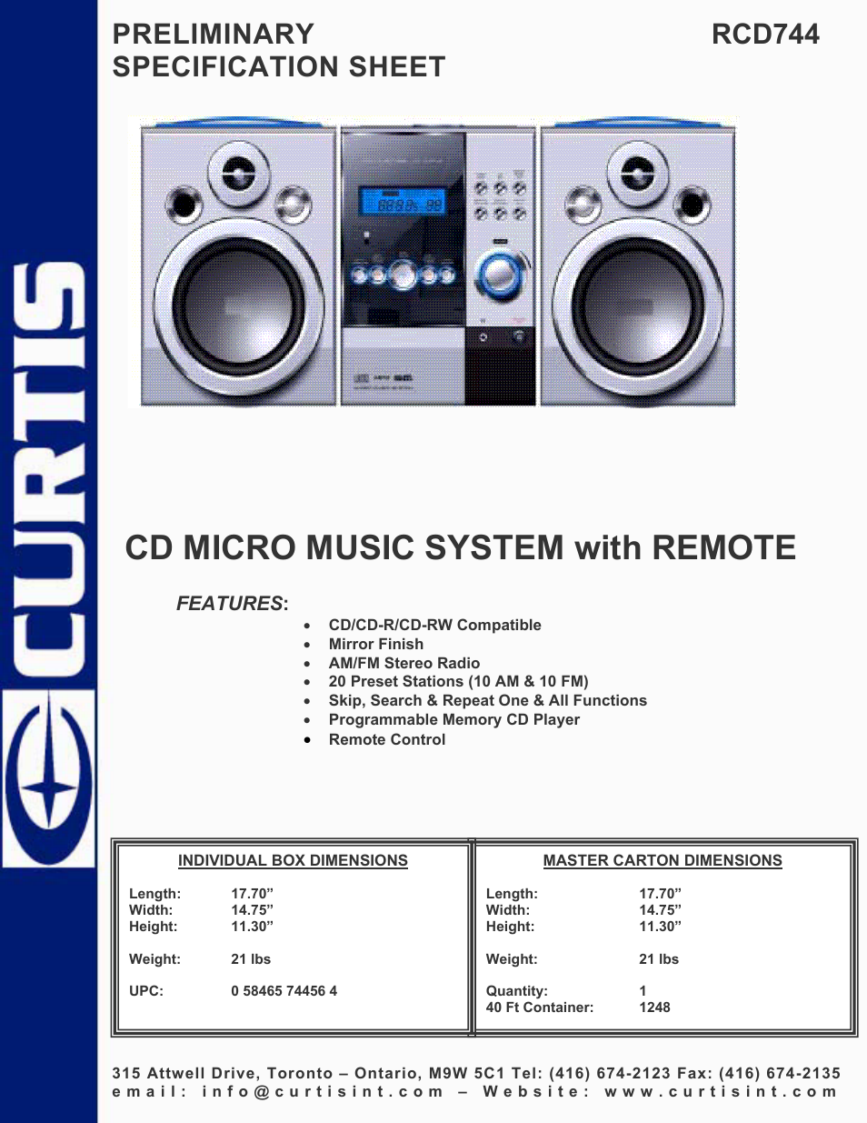 Curtis RCD744 User Manual | 1 page