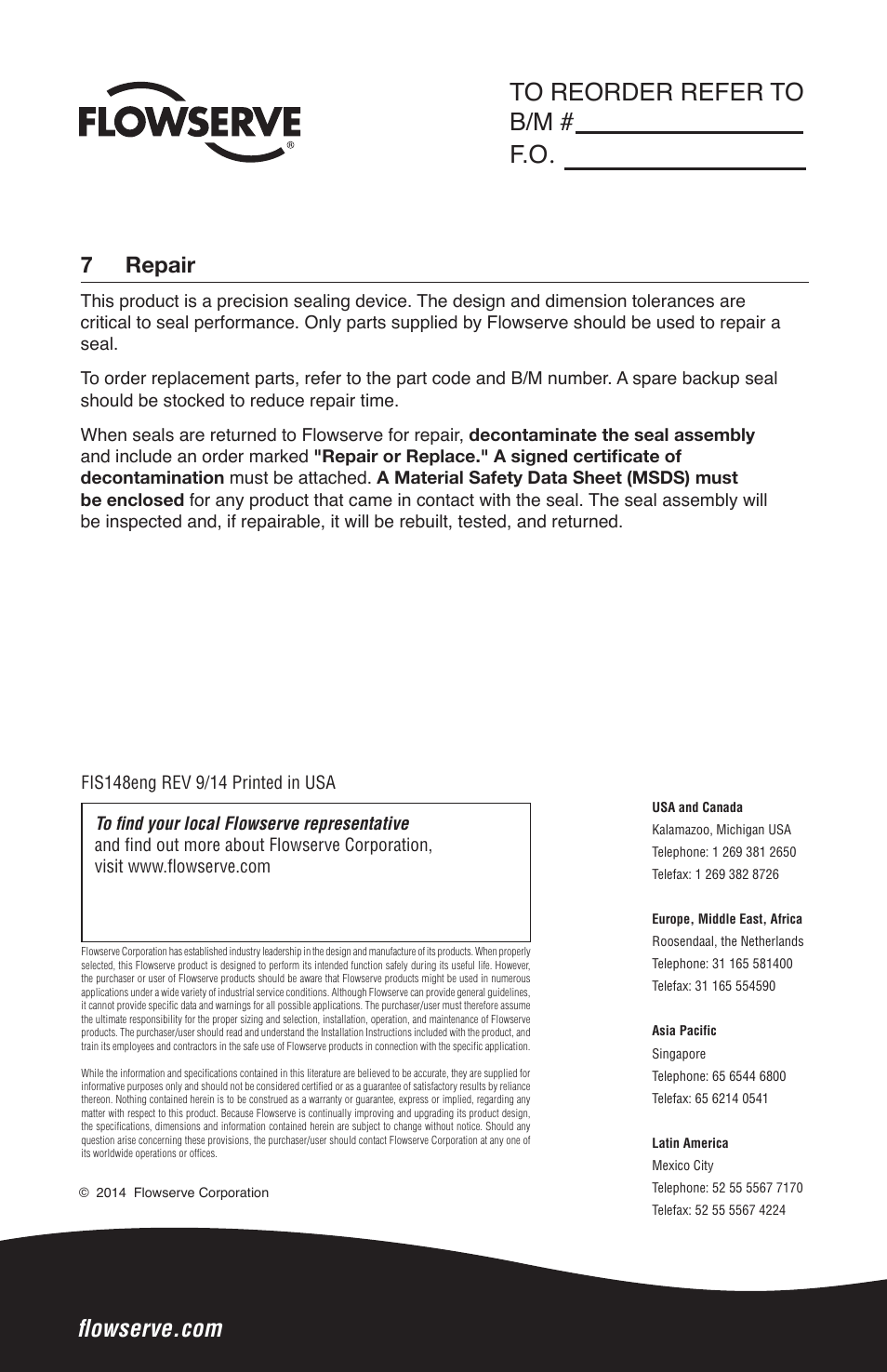 7 repair | Flowserve X Series BW Seals User Manual | Page 8 / 8