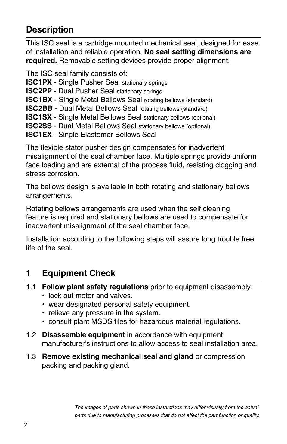 Description, 1 equipment check | Flowserve ISC Series User Manual | Page 2 / 16